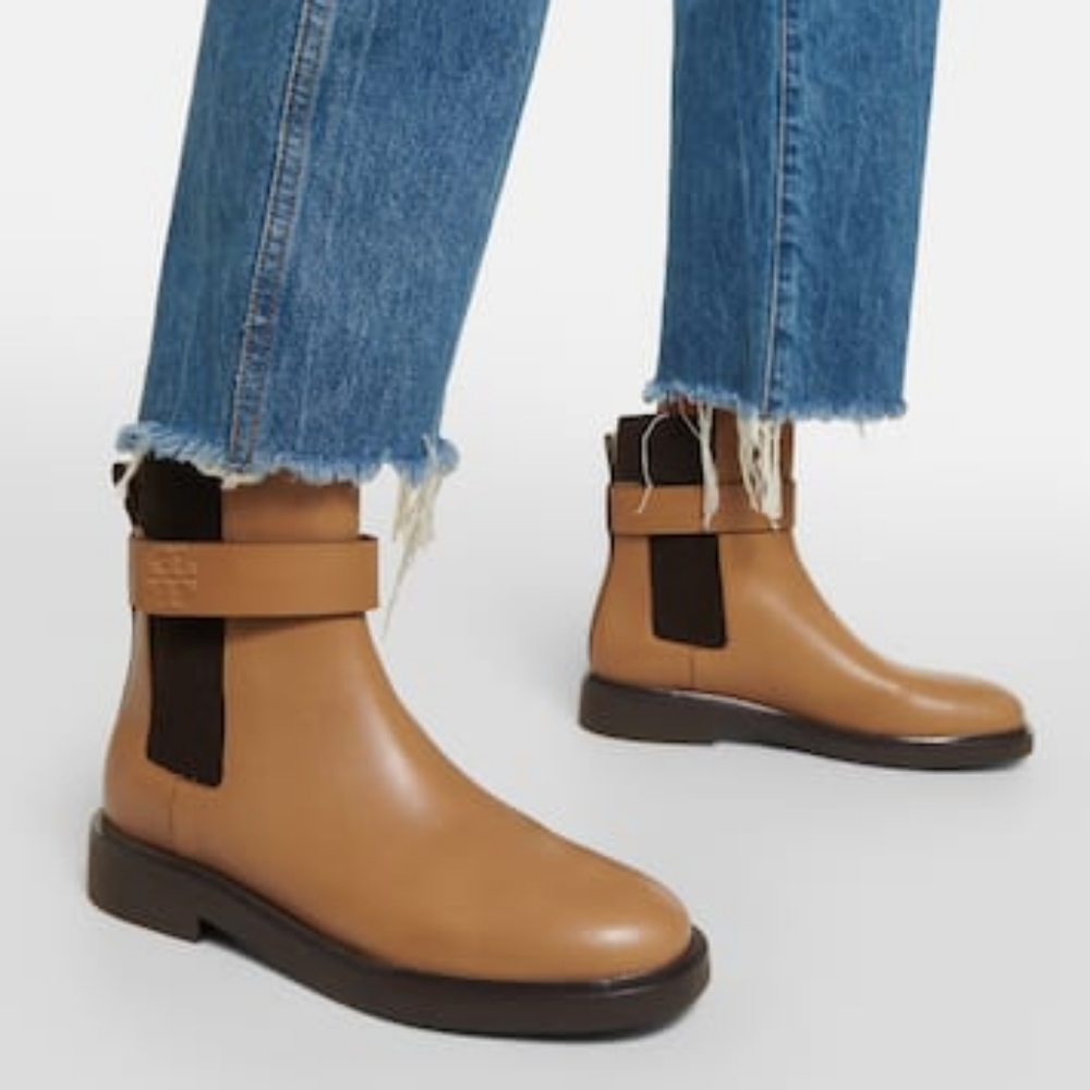 Tory Burch Embossed Leather Double T Chelsea Ankle Boots Size 7.5